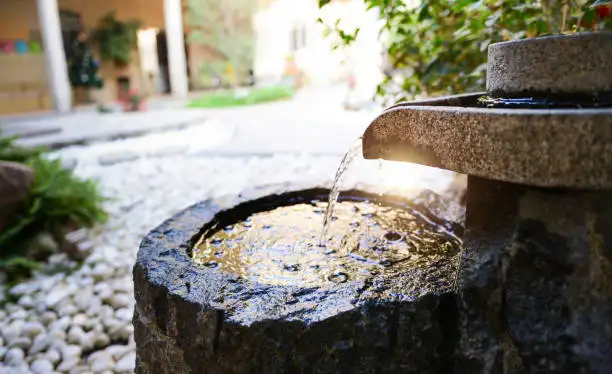 A serene garden featuring a water fountain, highlighting the beauty of water feature and pond installation.