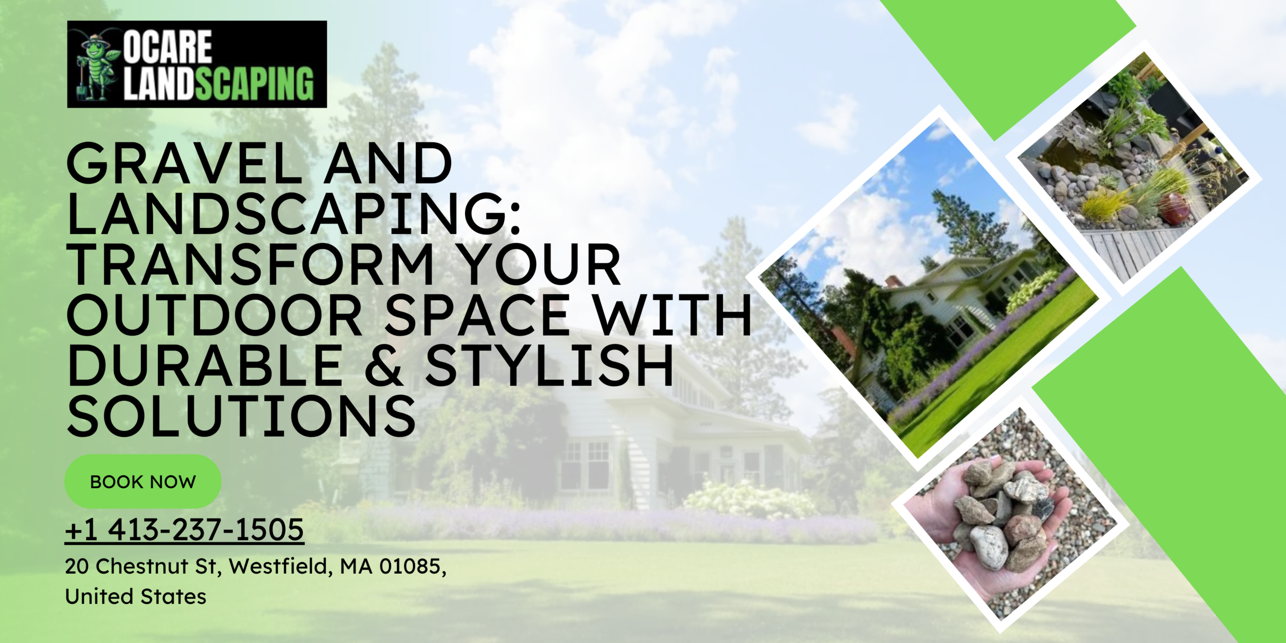 Gravel landscaping design with pathways, garden beds, and decorative stones