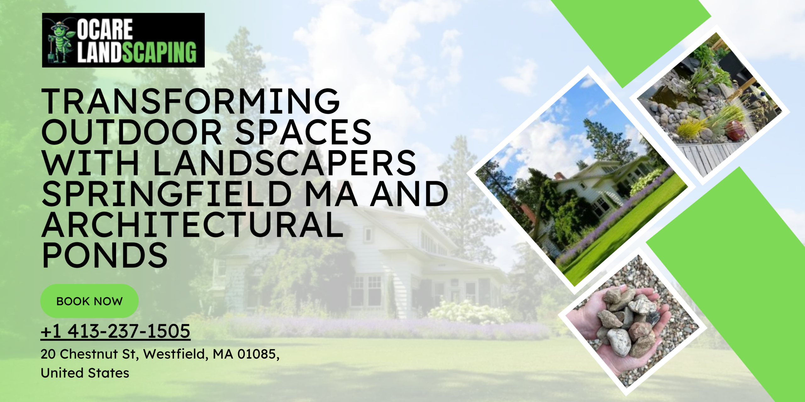 Beautiful landscaped garden in Springfield MA featuring an architectural pond, greenery, and stone pathways