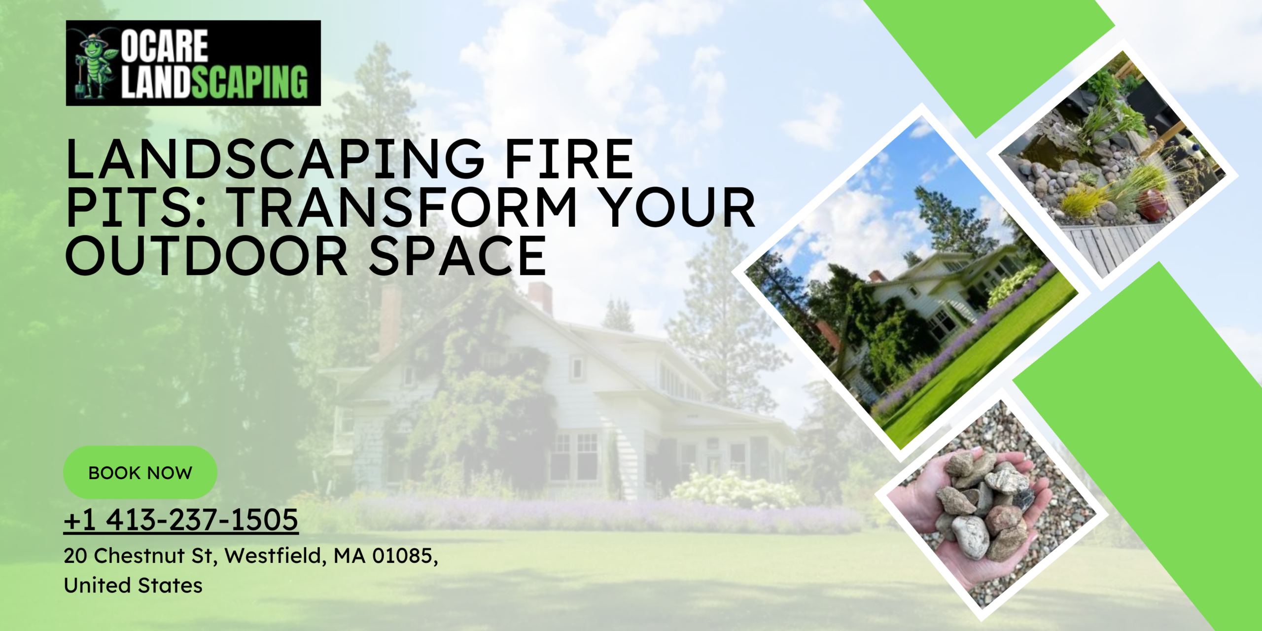Modern backyard landscaping with a custom stone fire pit and seating area